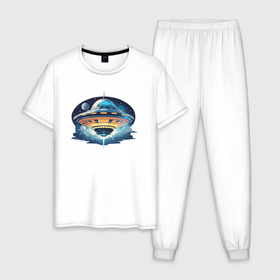 Мужская пижама хлопок с принтом НЛО летающая тарелка в Новосибирске, 100% хлопок | брюки и футболка прямого кроя, без карманов, на брюках мягкая резинка на поясе и по низу штанин
 | 