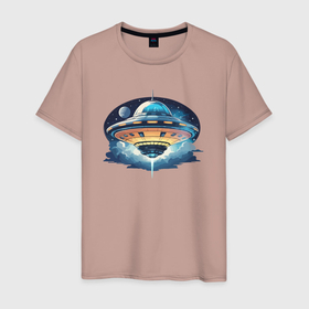 Мужская футболка хлопок с принтом НЛО летающая тарелка в Новосибирске, 100% хлопок | прямой крой, круглый вырез горловины, длина до линии бедер, слегка спущенное плечо. | 