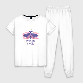 Женская пижама хлопок с принтом Космическая бабочка в облаках в Белгороде, 100% хлопок | брюки и футболка прямого кроя, без карманов, на брюках мягкая резинка на поясе и по низу штанин | 