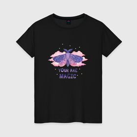 Женская футболка хлопок с принтом Космическая бабочка в облаках в Курске, 100% хлопок | прямой крой, круглый вырез горловины, длина до линии бедер, слегка спущенное плечо | 