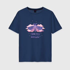 Женская футболка хлопок Oversize с принтом Космическая бабочка в облаках в Новосибирске, 100% хлопок | свободный крой, круглый ворот, спущенный рукав, длина до линии бедер
 | 