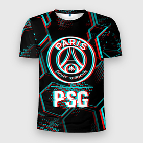 Мужская футболка 3D Slim с принтом PSG FC в стиле glitch на темном фоне в Санкт-Петербурге, 100% полиэстер с улучшенными характеристиками | приталенный силуэт, круглая горловина, широкие плечи, сужается к линии бедра | Тематика изображения на принте: 