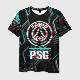 Мужская футболка 3D с принтом PSG FC в стиле glitch на темном фоне в Санкт-Петербурге, 100% полиэфир | прямой крой, круглый вырез горловины, длина до линии бедер | Тематика изображения на принте: 