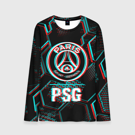 Мужской лонгслив 3D с принтом PSG FC в стиле glitch на темном фоне в Курске, 100% полиэстер | длинные рукава, круглый вырез горловины, полуприлегающий силуэт | 