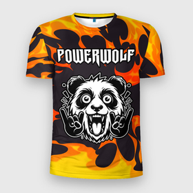 Мужская футболка 3D Slim с принтом Powerwolf рок панда и огонь в Белгороде, 100% полиэстер с улучшенными характеристиками | приталенный силуэт, круглая горловина, широкие плечи, сужается к линии бедра | 