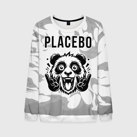 Мужской свитшот 3D с принтом Placebo рок панда на светлом фоне в Санкт-Петербурге, 100% полиэстер с мягким внутренним слоем | круглый вырез горловины, мягкая резинка на манжетах и поясе, свободная посадка по фигуре | Тематика изображения на принте: 
