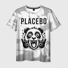 Мужская футболка 3D с принтом Placebo рок панда на светлом фоне , 100% полиэфир | прямой крой, круглый вырез горловины, длина до линии бедер | 