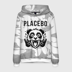 Мужская толстовка 3D с принтом Placebo рок панда на светлом фоне в Екатеринбурге, 100% полиэстер | двухслойный капюшон со шнурком для регулировки, мягкие манжеты на рукавах и по низу толстовки, спереди карман-кенгуру с мягким внутренним слоем. | 