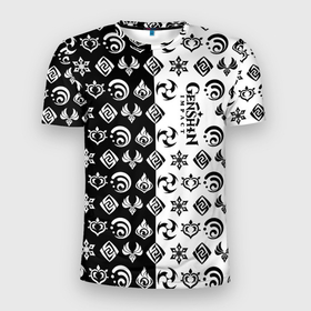 Мужская футболка 3D Slim с принтом Genshin Impact   black and white в Санкт-Петербурге, 100% полиэстер с улучшенными характеристиками | приталенный силуэт, круглая горловина, широкие плечи, сужается к линии бедра | Тематика изображения на принте: 