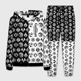 Мужской костюм 3D с принтом Genshin Impact   black and white в Новосибирске, 100% полиэстер | Манжеты и пояс оформлены тканевой резинкой, двухслойный капюшон со шнурком для регулировки, карманы спереди | 