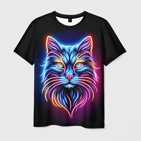 Мужская футболка 3D с принтом Суровый неоновый кот в Екатеринбурге, 100% полиэфир | прямой крой, круглый вырез горловины, длина до линии бедер | Тематика изображения на принте: 