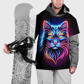 Накидка на куртку 3D с принтом Суровый неоновый кот в Екатеринбурге, 100% полиэстер |  | 