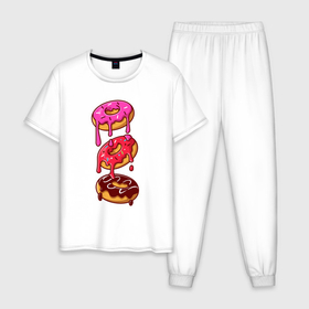 Мужская пижама хлопок с принтом Три пончика в Тюмени, 100% хлопок | брюки и футболка прямого кроя, без карманов, на брюках мягкая резинка на поясе и по низу штанин
 | 