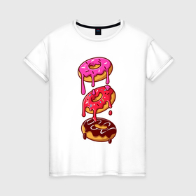 Женская футболка хлопок с принтом Три пончика в Тюмени, 100% хлопок | прямой крой, круглый вырез горловины, длина до линии бедер, слегка спущенное плечо | 