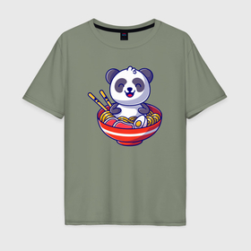 Мужская футболка хлопок Oversize с принтом Панда ест рамен в Кировске, 100% хлопок | свободный крой, круглый ворот, “спинка” длиннее передней части | 