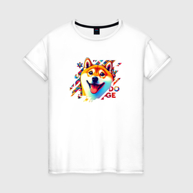 Женская футболка хлопок с принтом Счастливый пес Doge в Тюмени, 100% хлопок | прямой крой, круглый вырез горловины, длина до линии бедер, слегка спущенное плечо | 