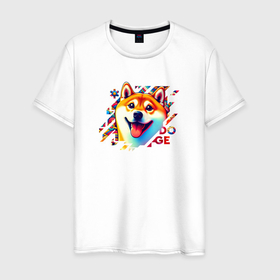 Мужская футболка хлопок с принтом Счастливый пес Doge в Кировске, 100% хлопок | прямой крой, круглый вырез горловины, длина до линии бедер, слегка спущенное плечо. | 