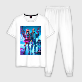 Мужская пижама хлопок с принтом Ken and Barbie   cyberpunk ai art в Тюмени, 100% хлопок | брюки и футболка прямого кроя, без карманов, на брюках мягкая резинка на поясе и по низу штанин
 | Тематика изображения на принте: 