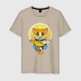 Мужская футболка хлопок с принтом Милый кот йог в Петрозаводске, 100% хлопок | прямой крой, круглый вырез горловины, длина до линии бедер, слегка спущенное плечо. | 