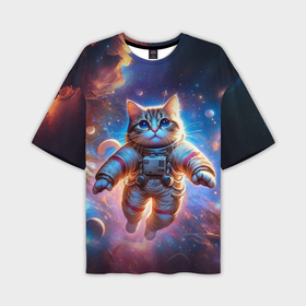 Мужская футболка oversize 3D с принтом Кот в скафандре на фоне космоса ,  |  | 