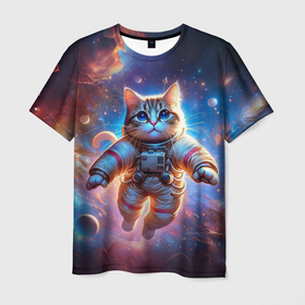 Мужская футболка 3D с принтом Кот в скафандре на фоне космоса , 100% полиэфир | прямой крой, круглый вырез горловины, длина до линии бедер | 