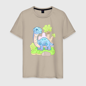 Мужская футболка хлопок с принтом Милый маленький динозавр в Санкт-Петербурге, 100% хлопок | прямой крой, круглый вырез горловины, длина до линии бедер, слегка спущенное плечо. | 
