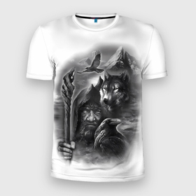 Мужская футболка 3D Slim с принтом Один его вороны и волк воин в Тюмени, 100% полиэстер с улучшенными характеристиками | приталенный силуэт, круглая горловина, широкие плечи, сужается к линии бедра | 