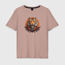 Мужская футболка хлопок Oversize с принтом Тигр рычащий хищник , 100% хлопок | свободный крой, круглый ворот, “спинка” длиннее передней части | Тематика изображения на принте: 