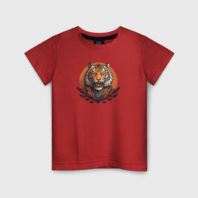 Детская футболка хлопок с принтом Тигр рычащий хищник в Петрозаводске, 100% хлопок | круглый вырез горловины, полуприлегающий силуэт, длина до линии бедер | Тематика изображения на принте: 
