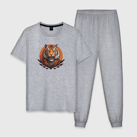 Мужская пижама хлопок с принтом Тигр рычащий хищник , 100% хлопок | брюки и футболка прямого кроя, без карманов, на брюках мягкая резинка на поясе и по низу штанин
 | Тематика изображения на принте: 