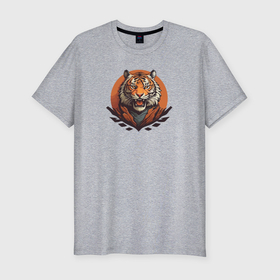 Мужская футболка хлопок Slim с принтом Тигр рычащий хищник в Санкт-Петербурге, 92% хлопок, 8% лайкра | приталенный силуэт, круглый вырез ворота, длина до линии бедра, короткий рукав | 