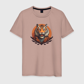 Мужская футболка хлопок с принтом Тигр рычащий хищник , 100% хлопок | прямой крой, круглый вырез горловины, длина до линии бедер, слегка спущенное плечо. | Тематика изображения на принте: 