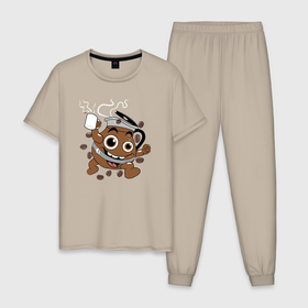 Мужская пижама хлопок с принтом Весёлый кофе чайник в Кировске, 100% хлопок | брюки и футболка прямого кроя, без карманов, на брюках мягкая резинка на поясе и по низу штанин
 | 
