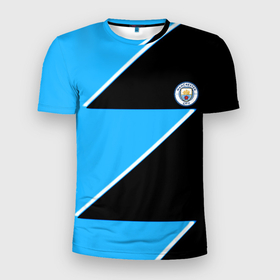 Мужская футболка 3D Slim с принтом Manchester City geometry sport в Тюмени, 100% полиэстер с улучшенными характеристиками | приталенный силуэт, круглая горловина, широкие плечи, сужается к линии бедра | Тематика изображения на принте: 