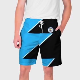 Мужские шорты 3D с принтом Manchester City geometry sport в Екатеринбурге,  полиэстер 100% | прямой крой, два кармана без застежек по бокам. Мягкая трикотажная резинка на поясе, внутри которой широкие завязки. Длина чуть выше колен | 