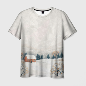 Мужская футболка 3D с принтом Зимняя деревня в Белгороде, 100% полиэфир | прямой крой, круглый вырез горловины, длина до линии бедер | Тематика изображения на принте: 