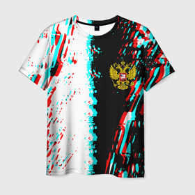 Мужская футболка 3D с принтом Россия глитч краски текстура спорт в Екатеринбурге, 100% полиэфир | прямой крой, круглый вырез горловины, длина до линии бедер | Тематика изображения на принте: 