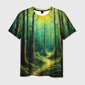 Мужская футболка 3D с принтом Лесная тропа в Санкт-Петербурге, 100% полиэфир | прямой крой, круглый вырез горловины, длина до линии бедер | Тематика изображения на принте: 