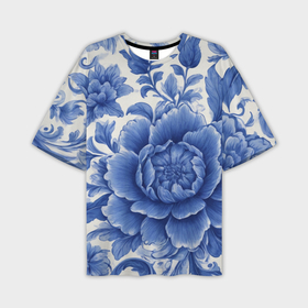 Мужская футболка oversize 3D с принтом Синие цветы гжель в Петрозаводске,  |  | 
