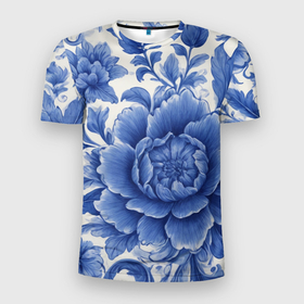 Мужская футболка 3D Slim с принтом Синие цветы гжель в Петрозаводске, 100% полиэстер с улучшенными характеристиками | приталенный силуэт, круглая горловина, широкие плечи, сужается к линии бедра | Тематика изображения на принте: 