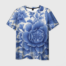Мужская футболка 3D с принтом Синие цветы гжель , 100% полиэфир | прямой крой, круглый вырез горловины, длина до линии бедер | 