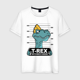 Мужская футболка хлопок с принтом Динозавр mugshot , 100% хлопок | прямой крой, круглый вырез горловины, длина до линии бедер, слегка спущенное плечо. | 
