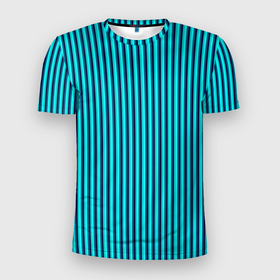 Мужская футболка 3D Slim с принтом Яркий голубой в полоску в Петрозаводске, 100% полиэстер с улучшенными характеристиками | приталенный силуэт, круглая горловина, широкие плечи, сужается к линии бедра | 