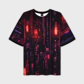 Мужская футболка oversize 3D с принтом Киберпанк светящиеся красные элементы в Санкт-Петербурге,  |  | 