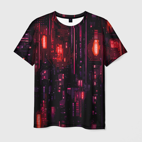 Мужская футболка 3D с принтом Киберпанк светящиеся красные элементы , 100% полиэфир | прямой крой, круглый вырез горловины, длина до линии бедер | 