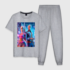 Мужская пижама хлопок с принтом Cyberpunk   Barbie and Ken ai art в Тюмени, 100% хлопок | брюки и футболка прямого кроя, без карманов, на брюках мягкая резинка на поясе и по низу штанин
 | Тематика изображения на принте: 