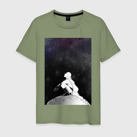 Мужская футболка хлопок с принтом Ванпанчмен Сайтама на луне , 100% хлопок | прямой крой, круглый вырез горловины, длина до линии бедер, слегка спущенное плечо. | 