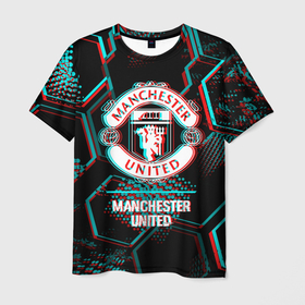 Мужская футболка 3D с принтом Manchester United FC в стиле glitch на темном фоне в Тюмени, 100% полиэфир | прямой крой, круглый вырез горловины, длина до линии бедер | Тематика изображения на принте: 