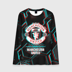 Мужской лонгслив 3D с принтом Manchester United FC в стиле glitch на темном фоне в Курске, 100% полиэстер | длинные рукава, круглый вырез горловины, полуприлегающий силуэт | 