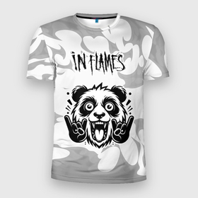 Мужская футболка 3D Slim с принтом In Flames рок панда на светлом фоне в Петрозаводске, 100% полиэстер с улучшенными характеристиками | приталенный силуэт, круглая горловина, широкие плечи, сужается к линии бедра | 